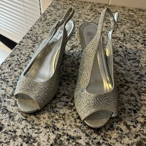 First Sight wedge heels silver iridescent rhinestone